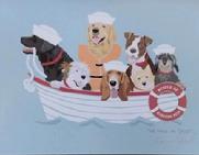five dogs with white sailor hats in boat
