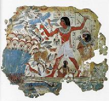 painting on papyrus showing cat hunting birds